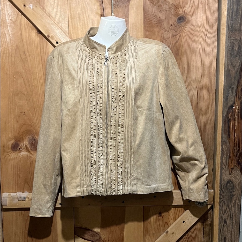 Coldwater Creek Tan Faux Suede Ruffle-Front Zip Jacket
